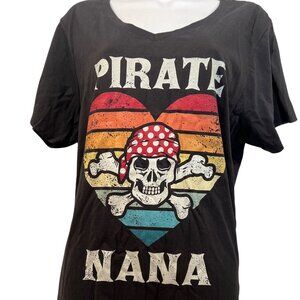 PIRATE NANA heart skull black SS tshirt V neck WOMEN XL